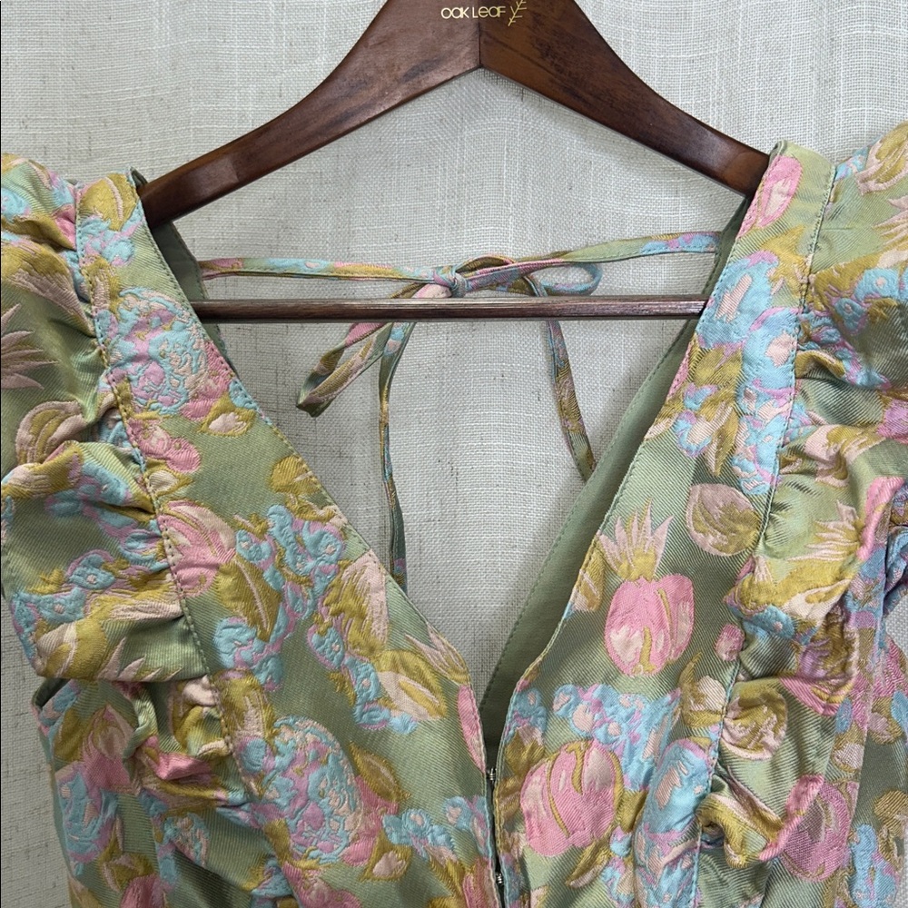 Buddy Love Jacquard Floral Ruffle Tiered  Dress in Sage Green and Pastel Pink - Picture 4 of 15